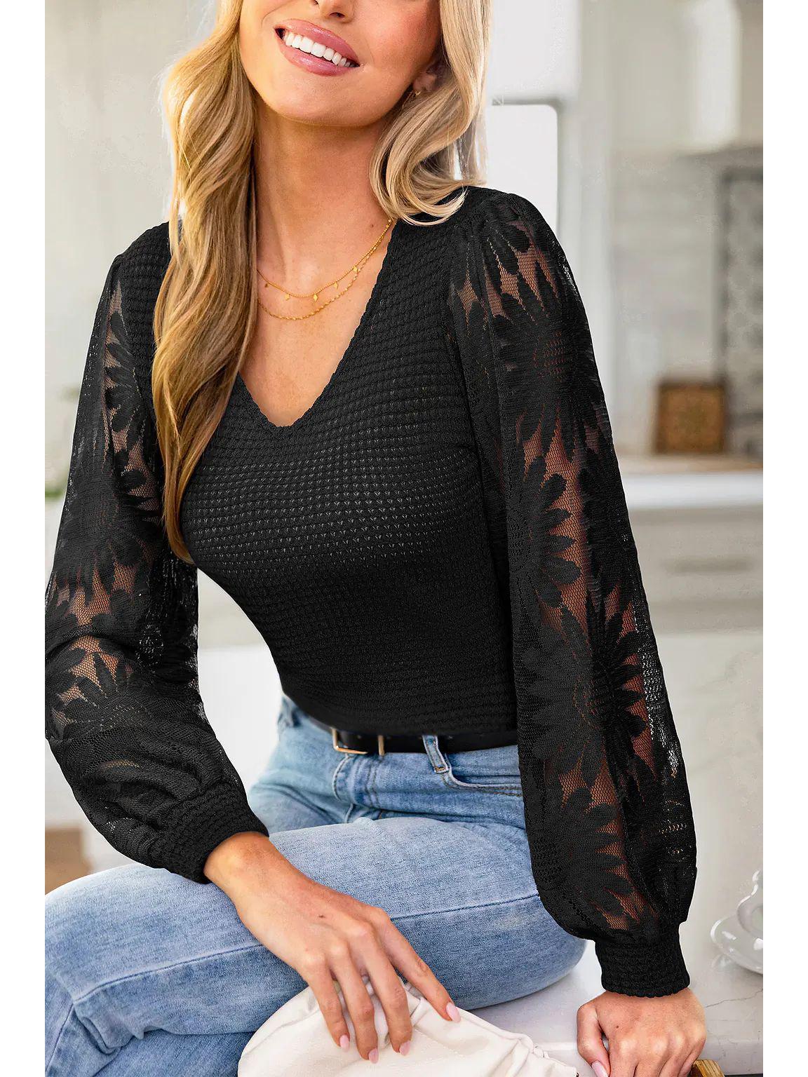 

Elegant Cross-Border Europe Women s Floral Lace V-Neck Long Sleeve Casual Top 2026 L чорний