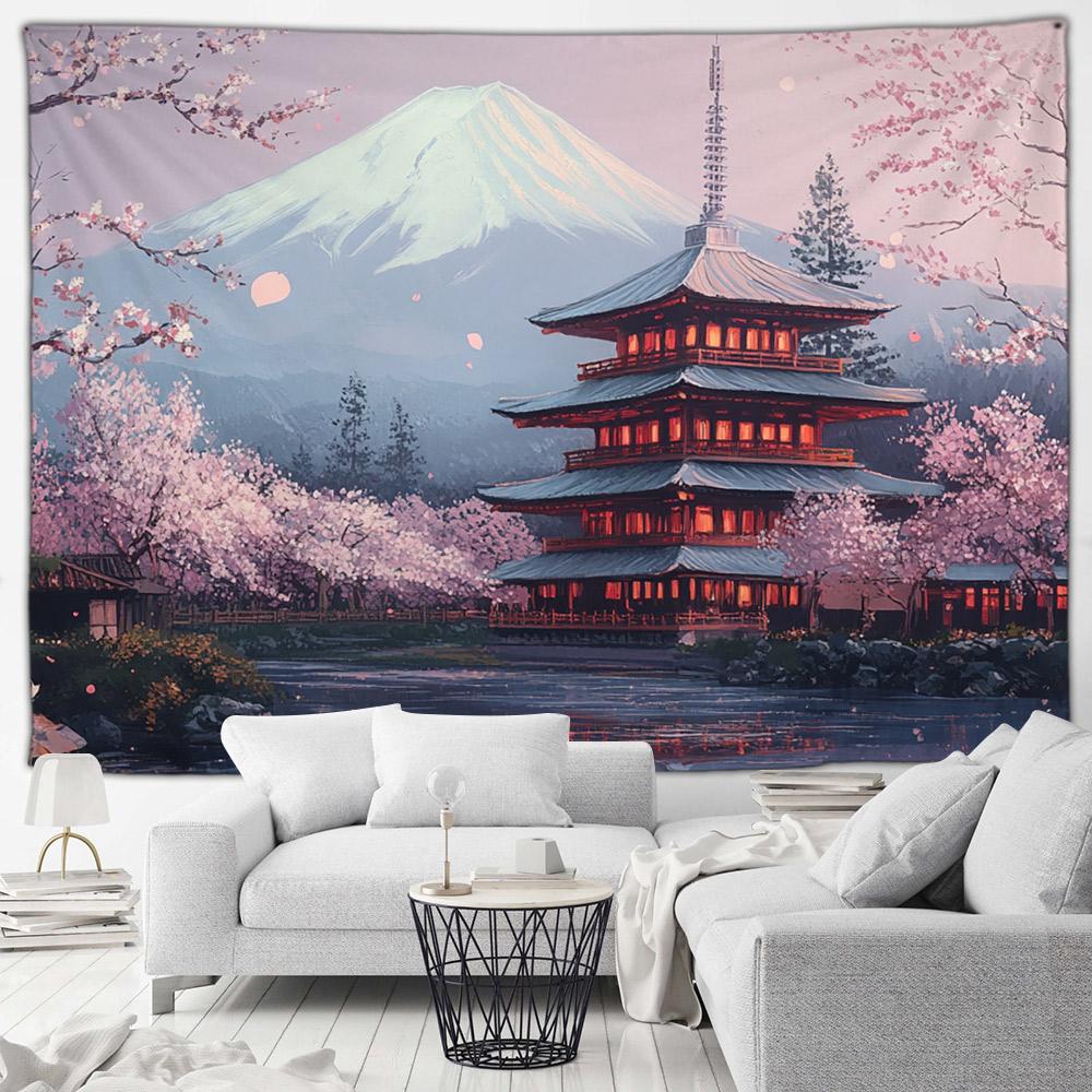 Japonský krajinný gobelín Kvetoucí třešeň Květinové Jezerní pavilon Hory v tuši Asijské umění Dekorace obývacího pokoje Závěsný na stěnu