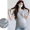 Maternity V-Neck Short Sleeve Pleated T-Shirt - Loose Fit, Belly-Covering, Solid Color, Summer Style