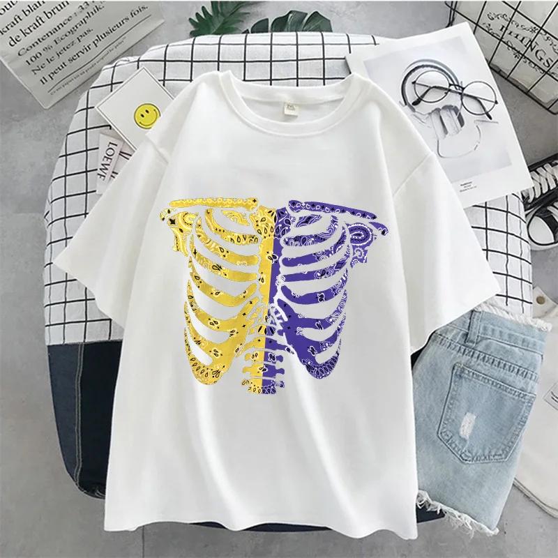 New Skull Printed Rib Jacket Version Loose Gothic Style Short Sleeve T-shirt Wholesale Women Tops Harajuku Fashion Summer