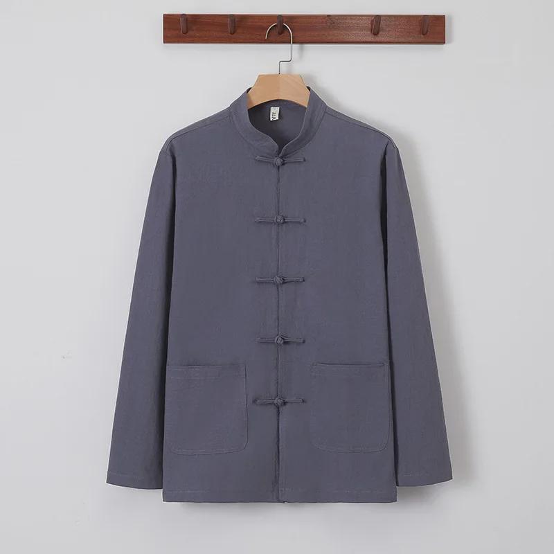 Men's Retro Chinese Style Linen Shirt, Long Sleeve, Button-Up, Stand Collar Tang Suit