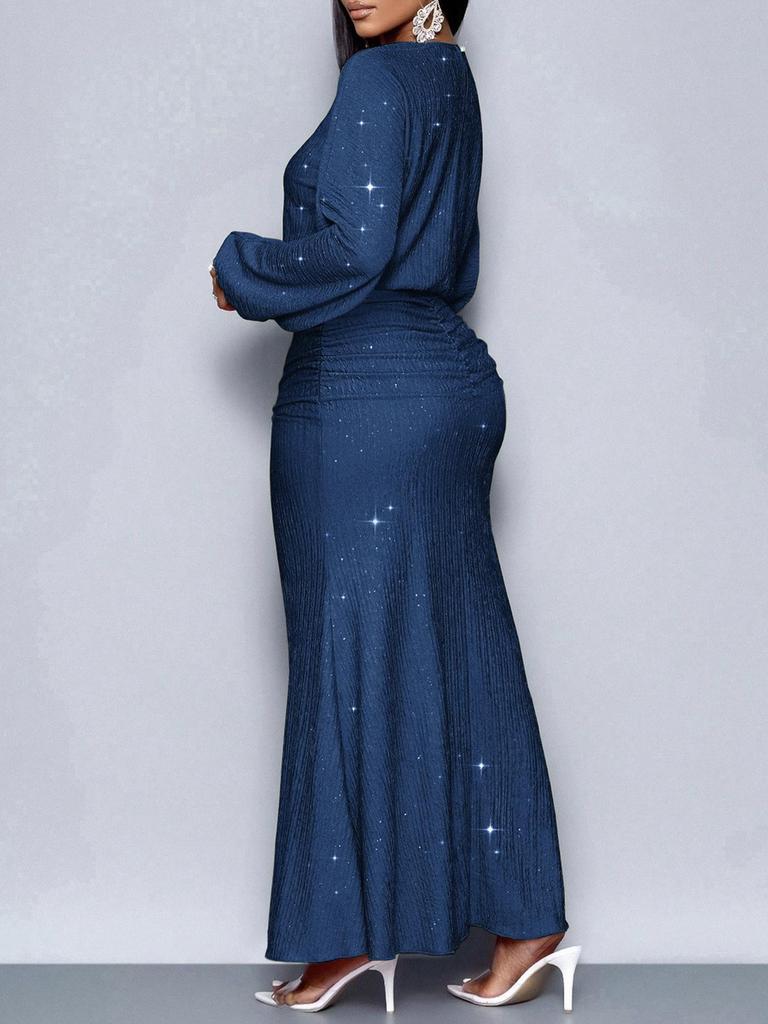 New Style Rhinestone Long Sleeve Fishtail Ruffles Pleated Dress