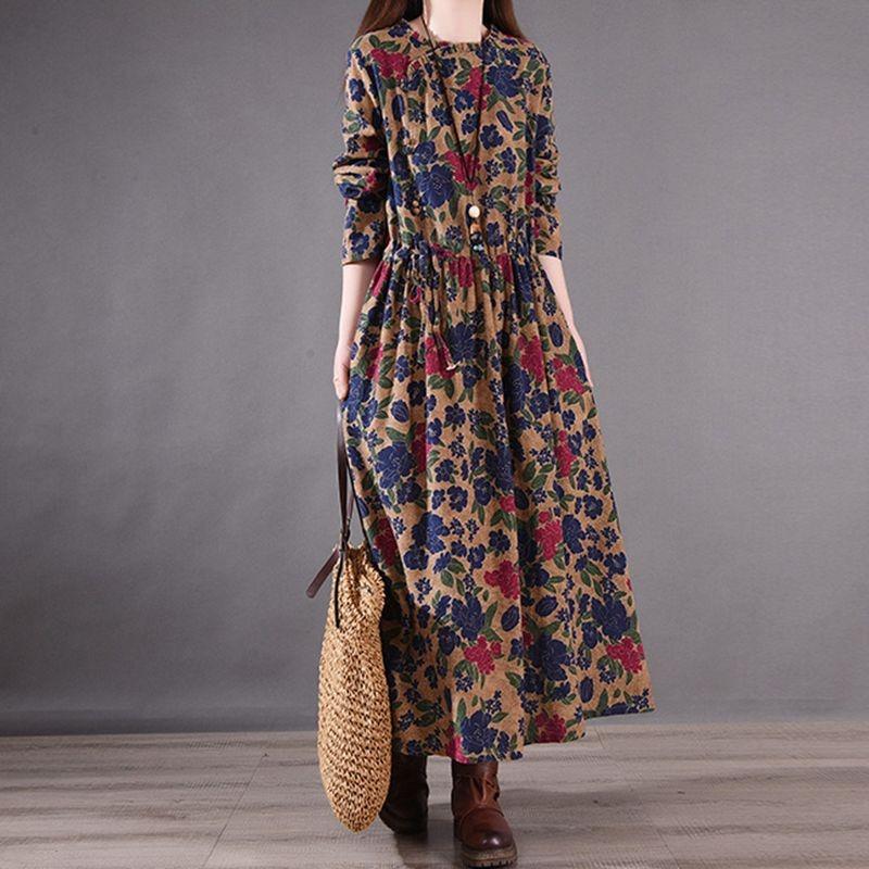 Cotton and Linen Dress Spring Autumn Style Printed Long-sleeved Slimming Retro Floral Temperament Casual Long Skirt