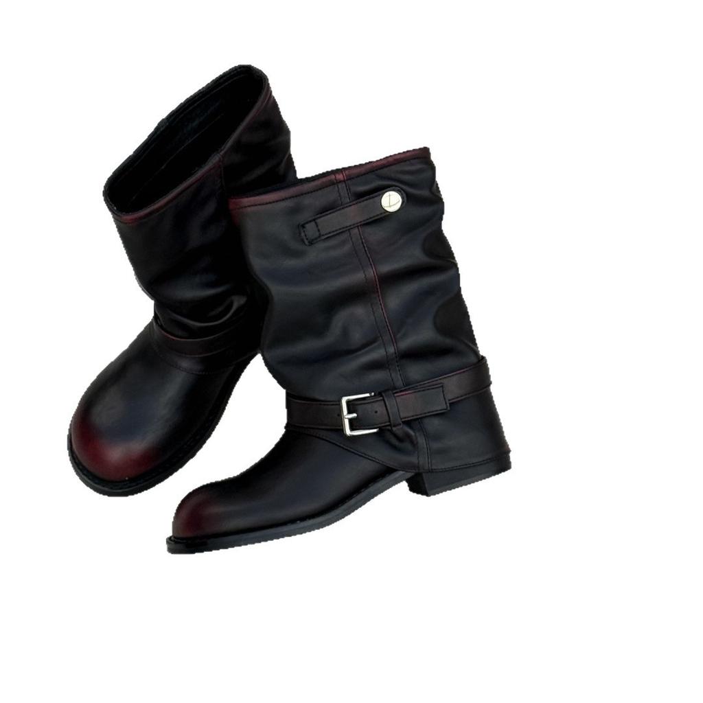 Leather denim pile boots women's 2025 new pleated black round head retro short boots thick heel spice girl knight boots