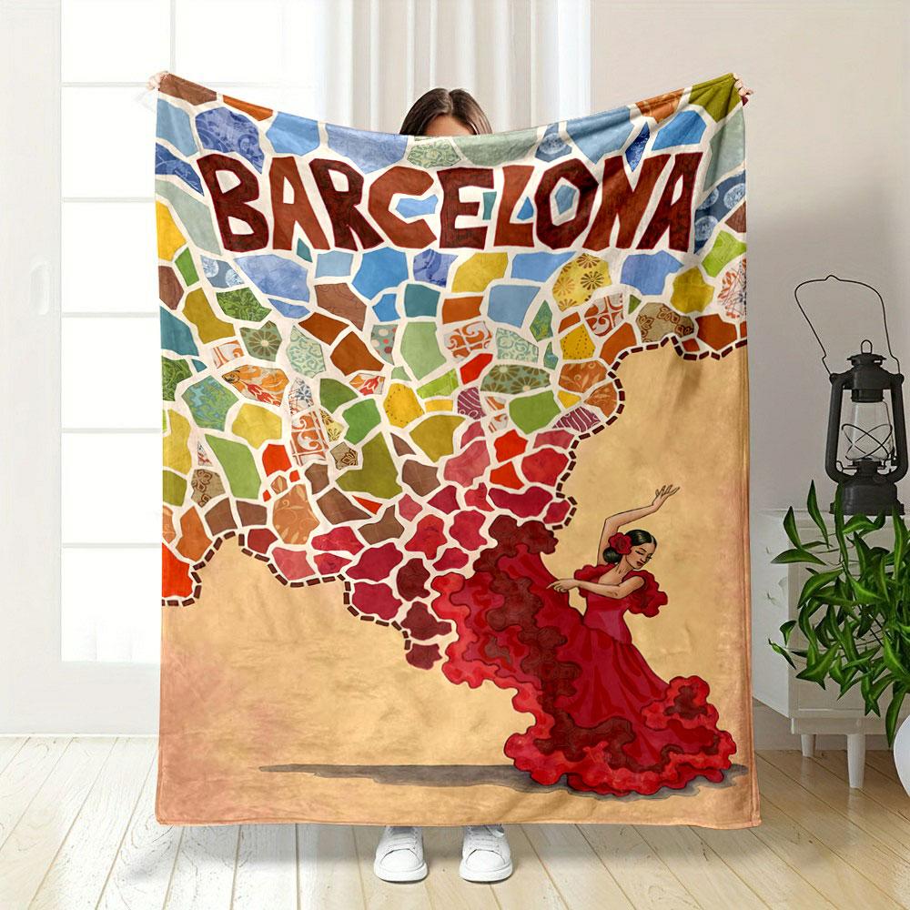 Mosaic tiles with vibrant colors and patterns forming Barcelona text. for all seasons blanket lunch break throw gift