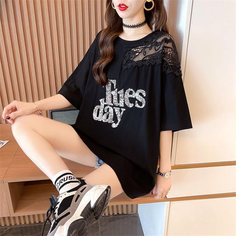 Women Korean Fashion Sexy Lace Patchwork Sequin Oversize T Shirt Summer Black White Short Sleeve Streetwear Tunic Tops Ropa