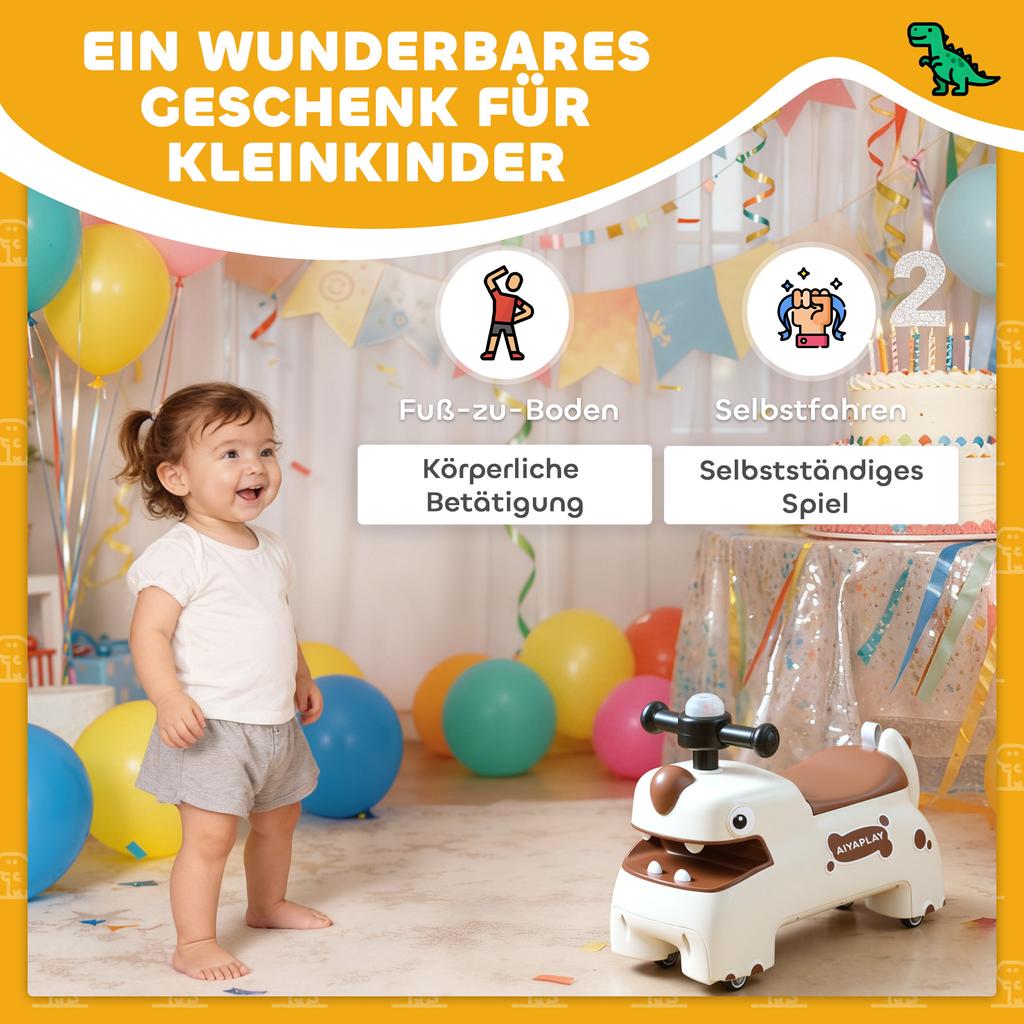 Kids Ride On Car, Dinosaur Foot To Floor Slider with Storage, Toddler Walker with Light, Sounds, Cream