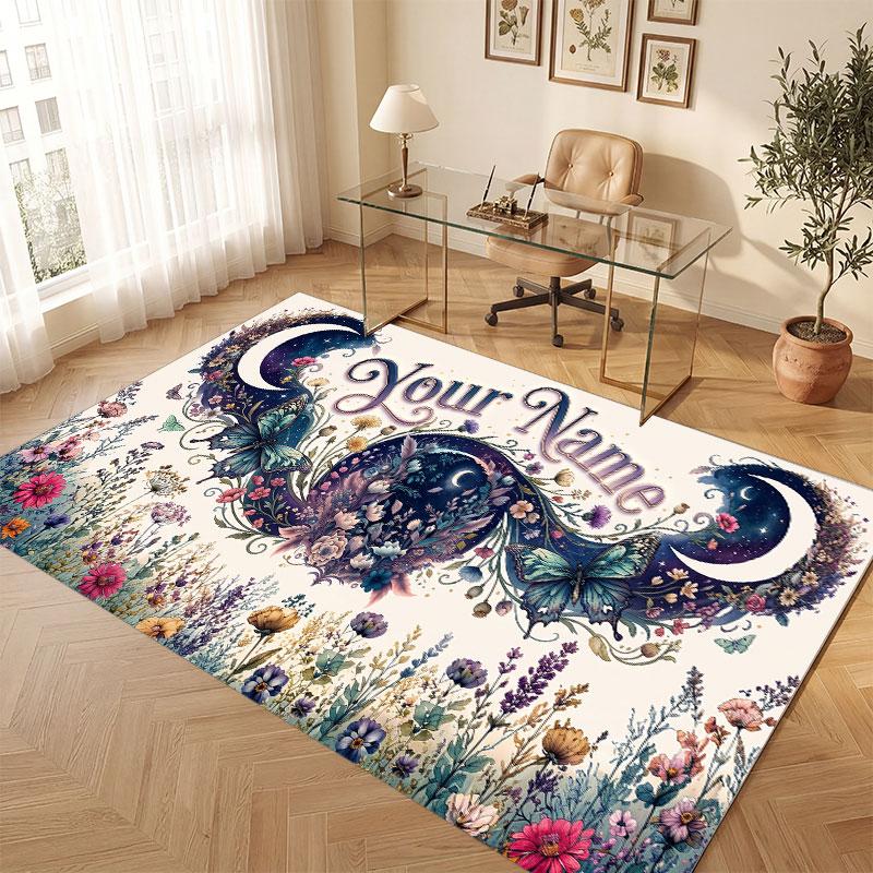 Floral Garden Theme Crystal Velvet Floor Rug Personalized Custom Name Text Warm Carpet Home Decoration