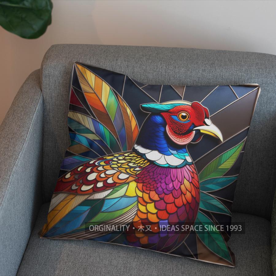 2D Stained Glass Pheasant-Patterned Decorative Pillow Pattern Cushion Cover Suitable For Sofa Bedroom Car Pillow Cover