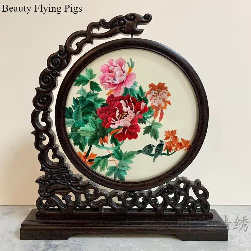 1pc, Su Embroidery Ornaments, Chinese Embroidery Crafts, Double Sided Embroidered Ornament, Solid Wood Desktop Decoration