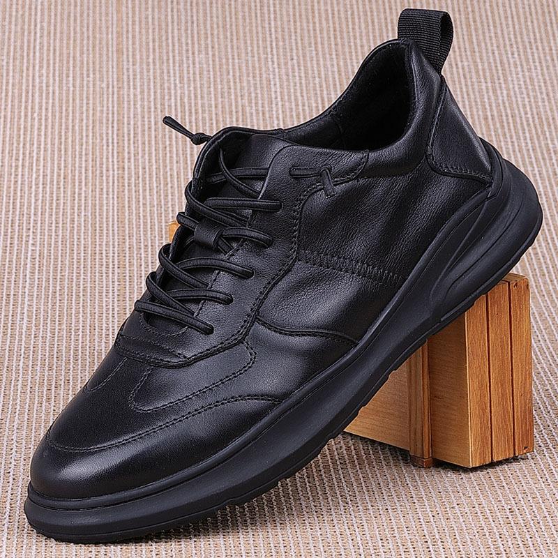 New Men Cow Leather Casual Shoes Fashion Designer Leisure Sport Shoes Cool Black Sneakers