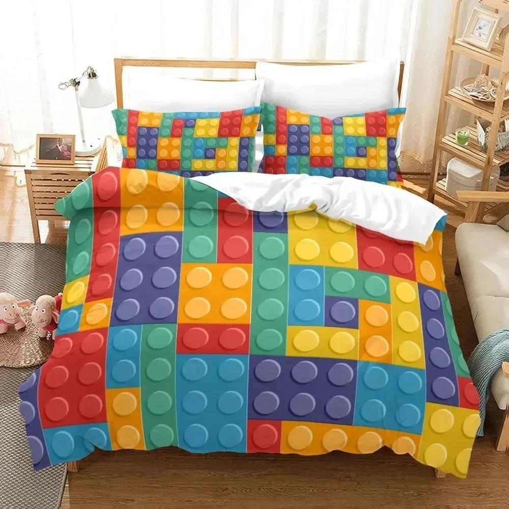 Colorful Toy King Queen Duvet Cover 3D Building Block Pattern Bedding Set Fun Brick Quilt Cover Gradient Rainbow Comforter Cover