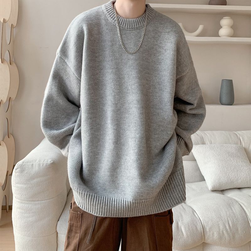 American-Style Lazy Round-Neck Sweater for Men, Winter Trendy Vintage Couple Knitwear, Retro Solid Color Pullover