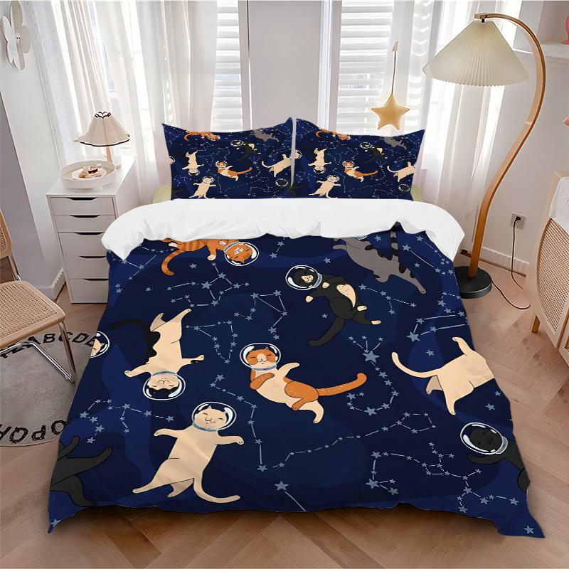 

3pcs Space Cats Soft Comfortable Bedding set, For Bedroom, Guest Room And Dorm, All - Season Use, High-Definition Printing158 135x200cm