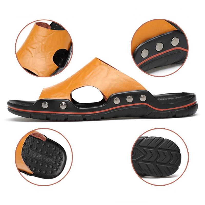 Genuine Leather Slippers Men Big Size Breathable Men Beach Sandals High Quality Outdoor Flip Flops Soft Men Slippers New