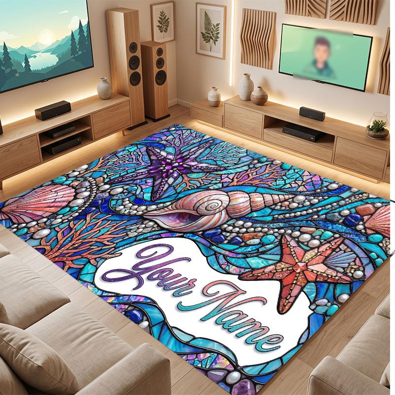 Octopus Sea Life Theme Crystal Velvet Floor Rug Personalized Custom Name Text Warm Carpet Home Decoration