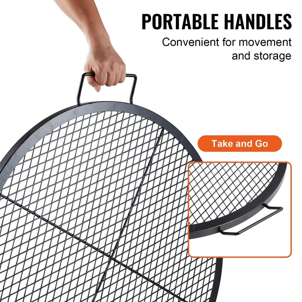 X-Marks Fire Pit Grill Grate, Round Cooking Grate, Heavy Duty Steel Campfire BBQ Grill Grid with Handle and Support X Wire, Portable Camping Cookware
