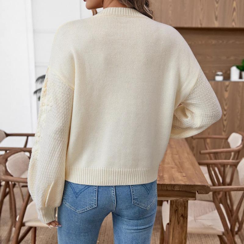 Fresh Sweet 3d Daisy Embroidery Loose Fit Crew Neck Long Sleeve Knit Pullover Sweater