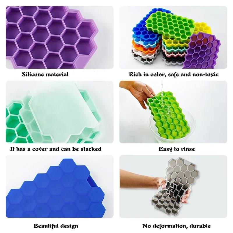 37 Grid Silicone Ice Cube Mold Honeycomb Ice Tray Mold Reusable Ice Cube Maker With Lids Jelly Juice Mold Whiskey Accessories