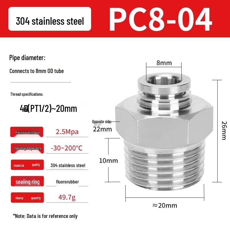 304 Stainless Steel Pneumatic Quick Push-in Connector, PC16-06/PC8-02 Swivel Elbow, PL6-M5/04