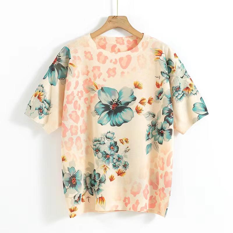 Dámské ležérní pletené topy do O s krátkým rukávem jarní pletené svetry s květinovým potiskem dámské prodyšné triko