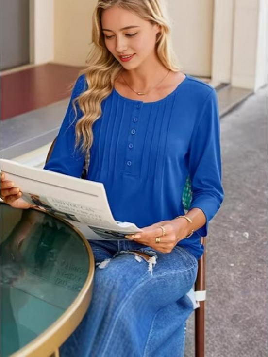 Women's Summer 2025 Fashionable Pleated Mid-Sleeve Top with Low Round Neck.