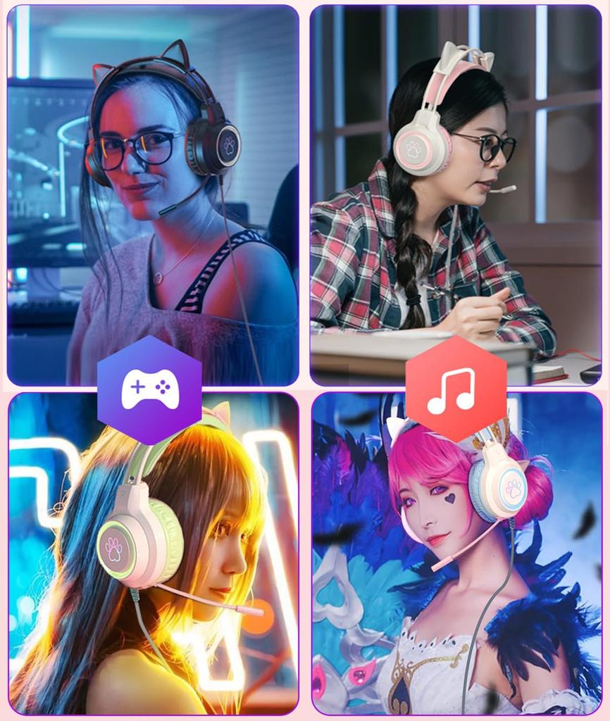 Roztomilá herní sluchátka s kočičími ušima, herní headset pro dívky s LED světlem, které mění barvy, drátová, 2m kabel, teleskopická sluchátka