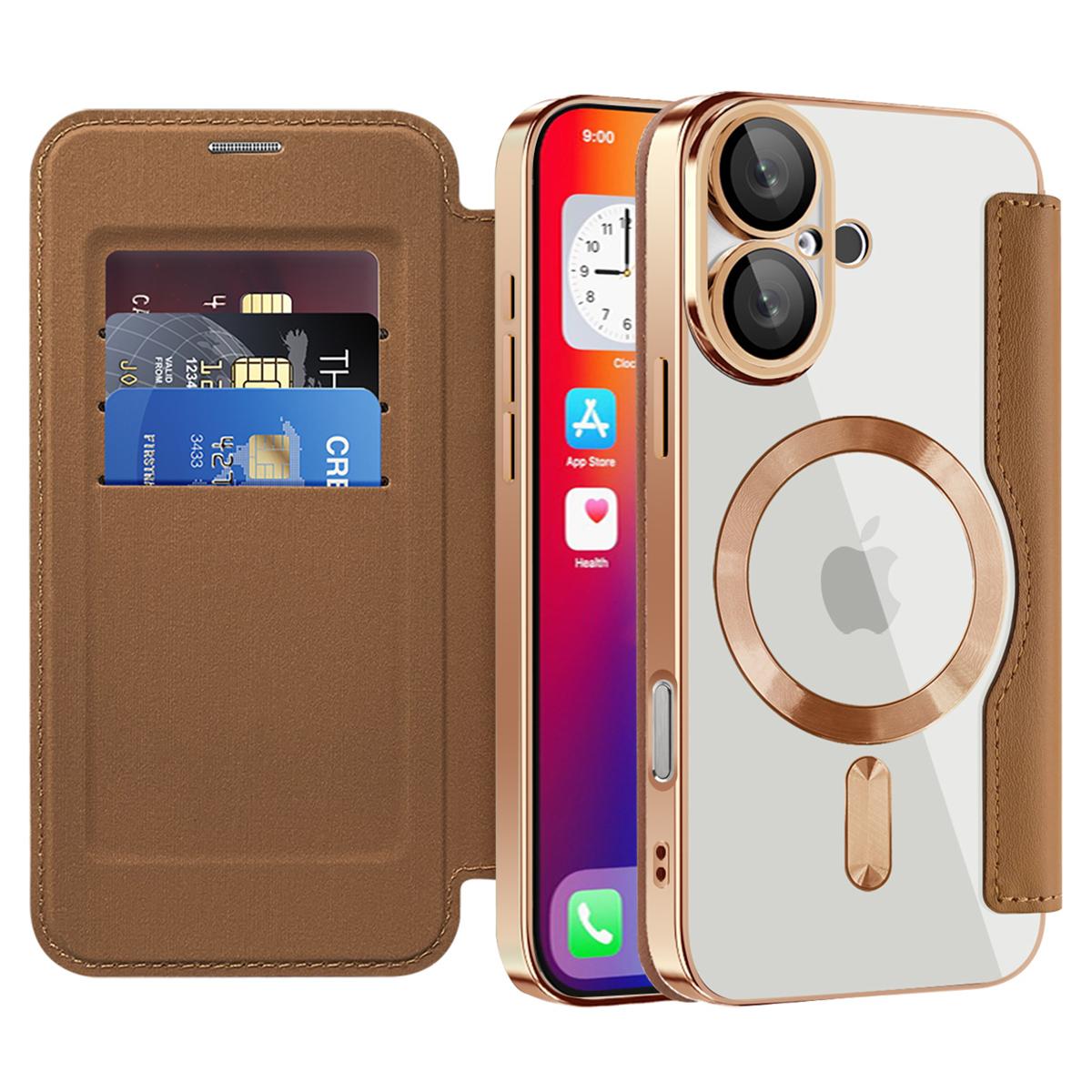 

For iPhone 16 Plus Case Compatible with MagSafe Rhombus PU Leather Phone Cover Gold