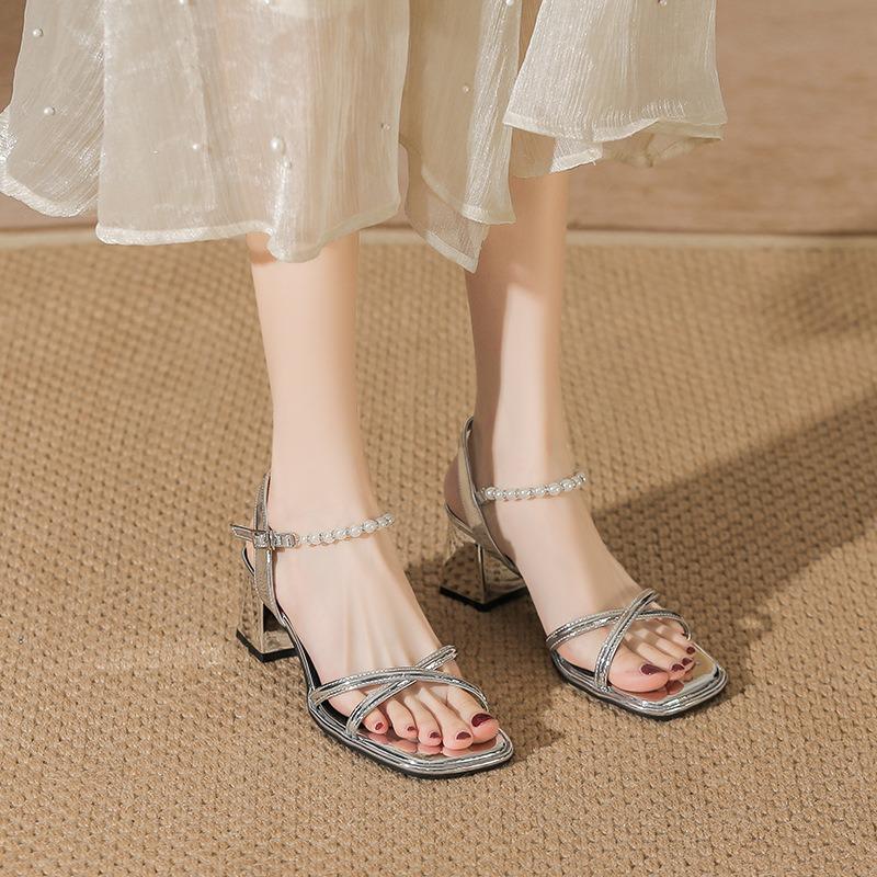 High-heeled Sandals Spring and Summer New Silver Fashion Pearl Straps One-word Strap Thick-heeled Sandals Women