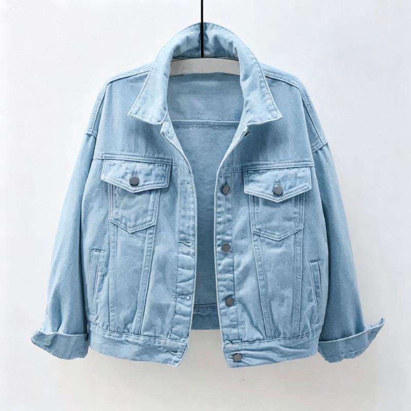 Women Fashion Casual Denim Jacket Turn Down Collar Pockets Single Button