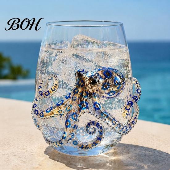 Εκλεπτυσμένο Παραθαλάσσιο Στυλ Ποτήρια 12oz Κούπα Νερού Χταπόδι, Ανάγλυφο Σχέδιο, Χειροποίητο Θαλάσσιο Δημιουργικό Ποτήρι με Καλαμάκι για Λάτρεις του Ωκεανού