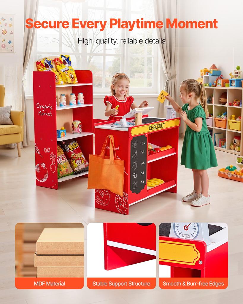 VEVOR Kids Grocery Store Playset, Wooden Play Store with Shopping Bag, Kids Supermarket Pretend Play Toy Set with Conveyor Belt, Scanner