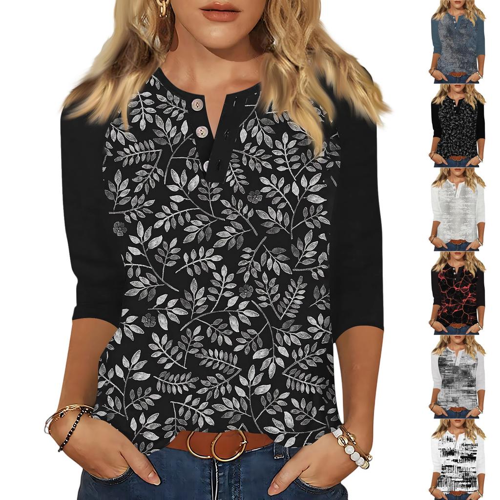Women's T Shirt Print Button 3/4 Sleeve Daily Weekend Fashion Basic V- Neck Regular Top