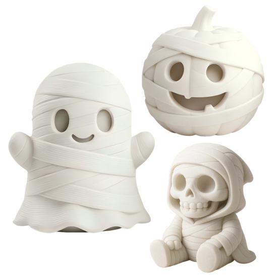 Halloween Tabletop Decor 3D Printed Mummy Figurine, Blank DIY Paintable Bandage Ghost Pumpkin Statue, Handmade Collectible Figure Mini Desktop