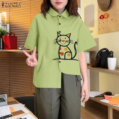 Women Turn Down Collar Half Sleeve Print Irregular Hem Blouse