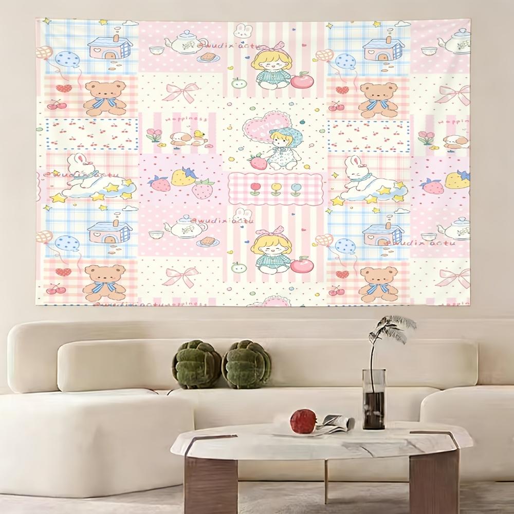 Japanese Soft Cute Patchwork Tapestry Pink Grid Cartoon Girl Heart Printed Hanging Fabric Room Decoration 100X70CM