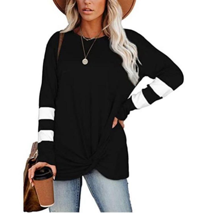 

Color Block Long Sleeve Casual Top Round Neck Womens T Shirt Fall Winter S чёрный