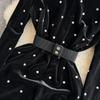 Balck Hepburn Sweet Style Women's Dress Flare Long Sleeve Diamond Stand Velvet High Waist A-line Dresses Autumn Winter Fashion Design Party Clothes