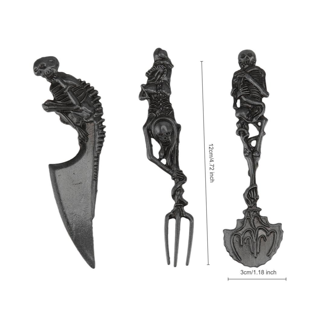 Skeleton Skull Zinc Alloy Cutlery Set Gothic Handle Knife, Fork and Spoon Set Witchy Halloween Tableware for Easter Gifts