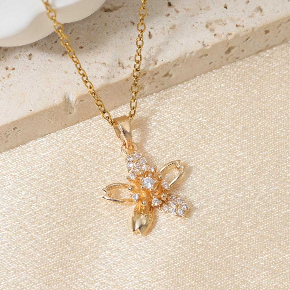 Modische Zirkonia Kirschblüten Anhänger Halskette, Zierlicher Blumenschmuck für Damen