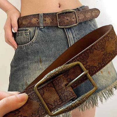 Paski z nadrukiem w stylu retro dla kobiet, skóra PU, designerska klamra, pasek do talii na szpilkę, vintage, pasujący do wszystkiego, akcesoria