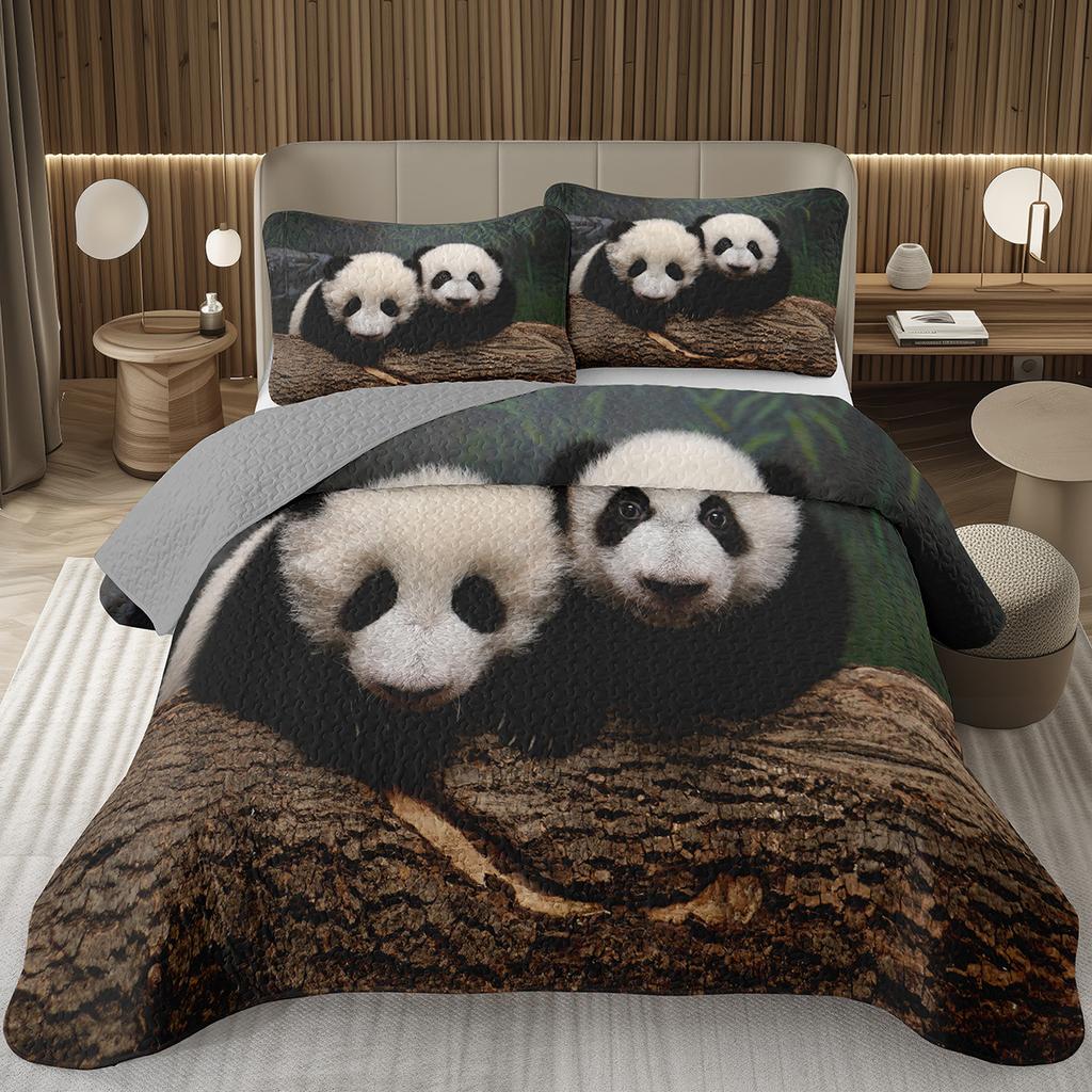 White And Black Panda Bedspread Set Kawaii Bamboo Botanical Twin Quilt Set Cute Panda Themed Coverlet Wild Animal Bedding Set