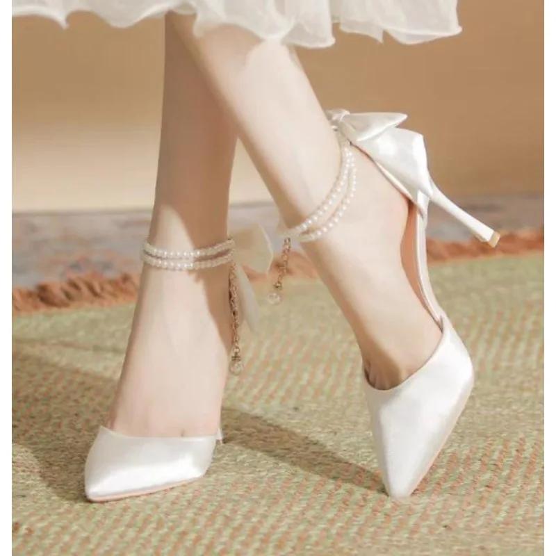 Fashion New Women Thin Heel Hollow Sandals Woman Pearl Butterfly Pointed Toe High Heels Pumps Womens Drees Shoes Wedding Shoes
