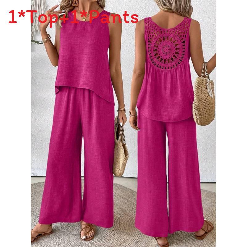 Bohemian Style Sleeveless Top And Wide Leg Pants Set With Polyester Fabric For Casual Summer Wear