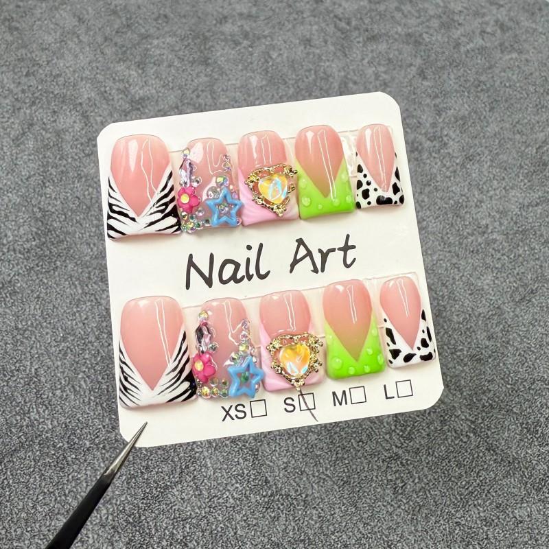 Short Duckbill Press-On Nails With Heart Star Ice-Transparent Cute Sweet Zebra Polka Dot Manicure Tips Small