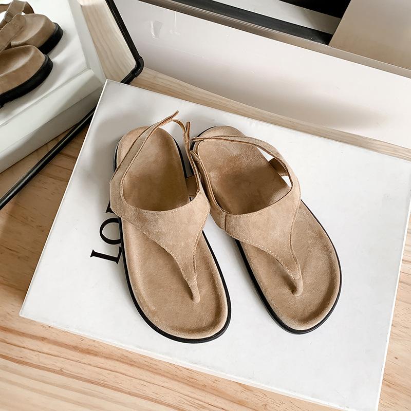 Cowhide version, minimalist temperament flip-flops retro toe flat bottom niche Roman style sandals women's summer new models