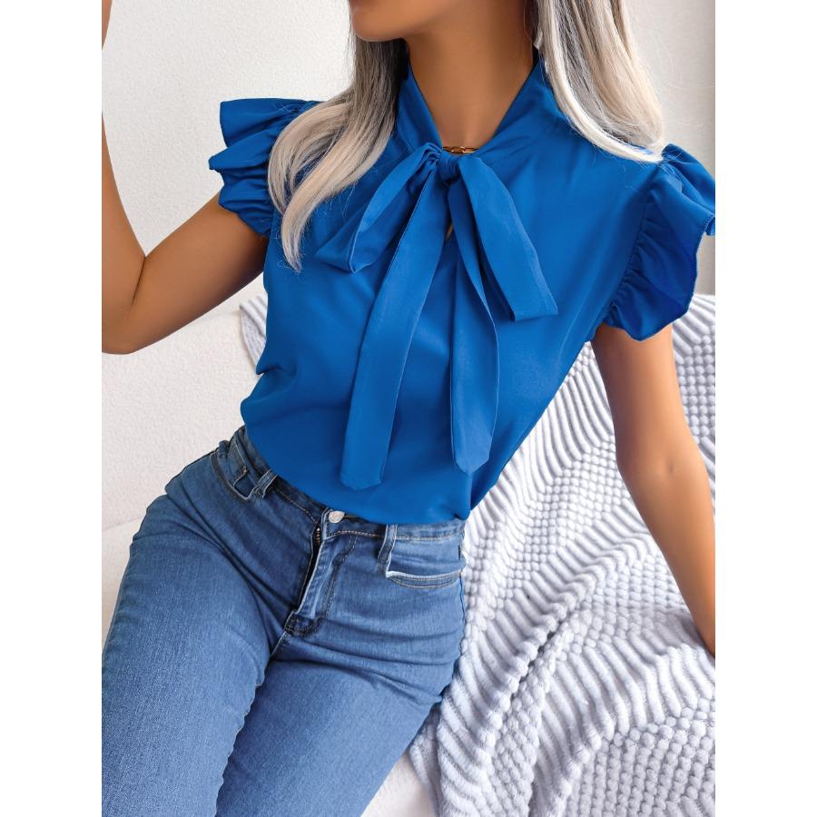 2024 Spring Summer Elegant Lace Up Butterfly Bow Tie Blouse Women Office Ruffles Hem Shirts