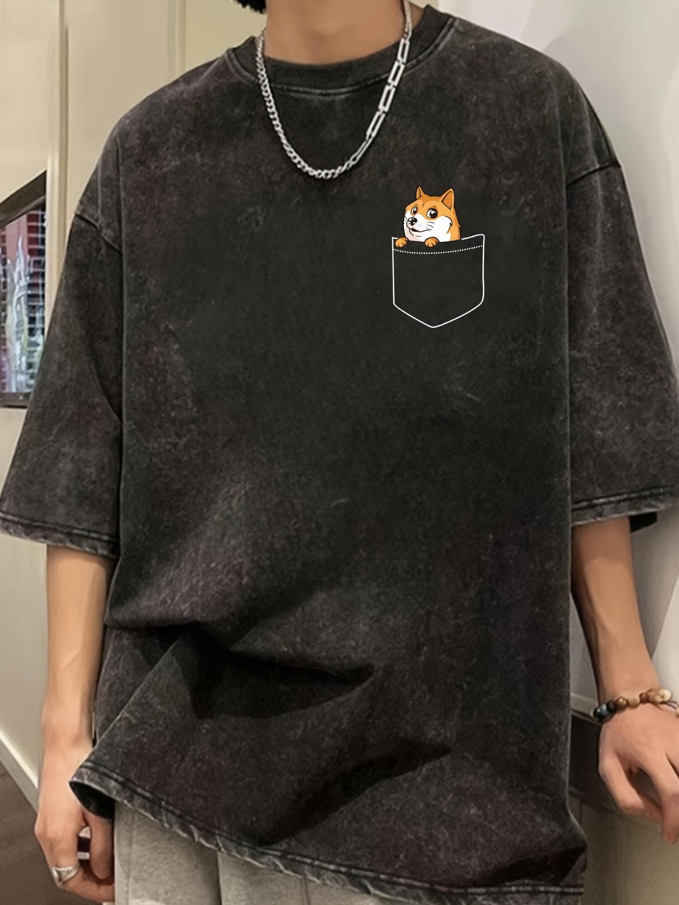 Retro Washed Cute Cartoon Dog Pocket Print Cotton Men Tshirt Summer Daily Outdoor Sports Casual Loose Street Short Sleeve S