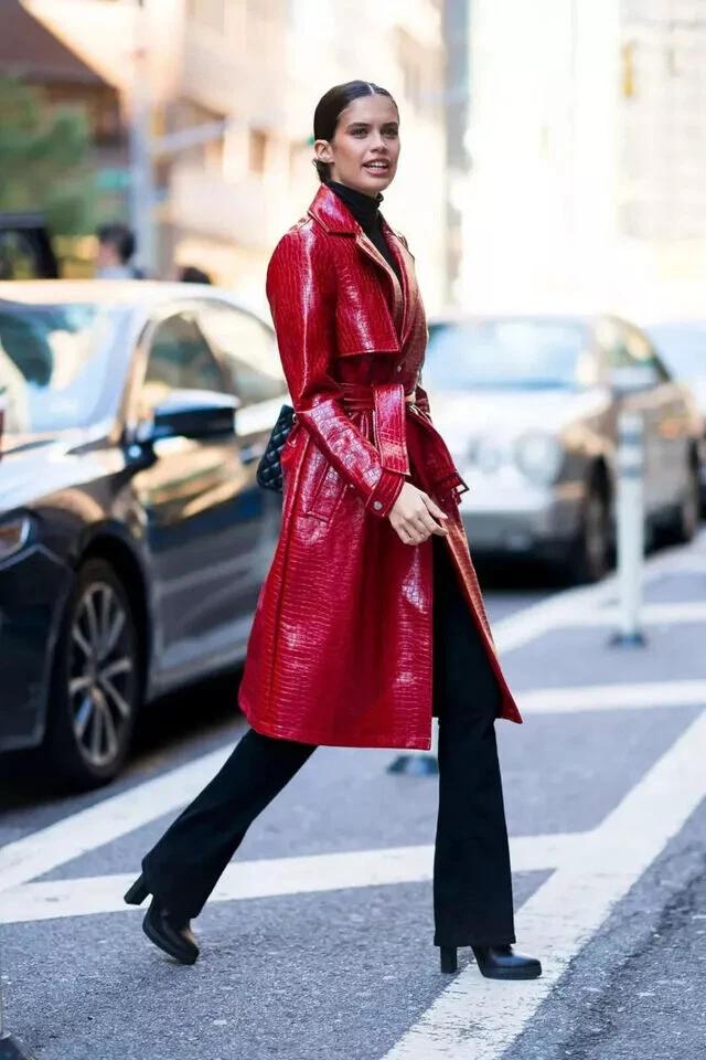 Lambskin Handmade Long Party Stylish Women Red Trench Coat  Leather Genuine