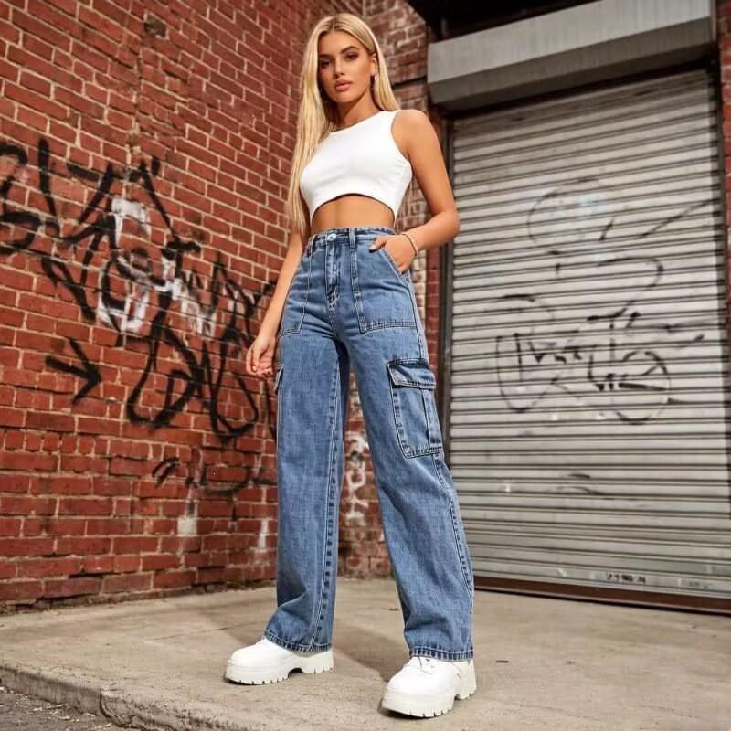High-Waisted Wide-Leg Cargo Jeans Women Relaxed Fit Denim Pants With Functional Pockets Casual Streetwear Style